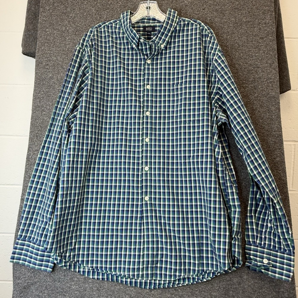 Reed Edwards Oxford Men's Shirt XXL Blue Green Plaid Long Sleeve 2XL Preppy Top